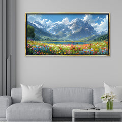 Premium Mountain Landscape Canvas Art | Wildflower Meadow and Lake Painting