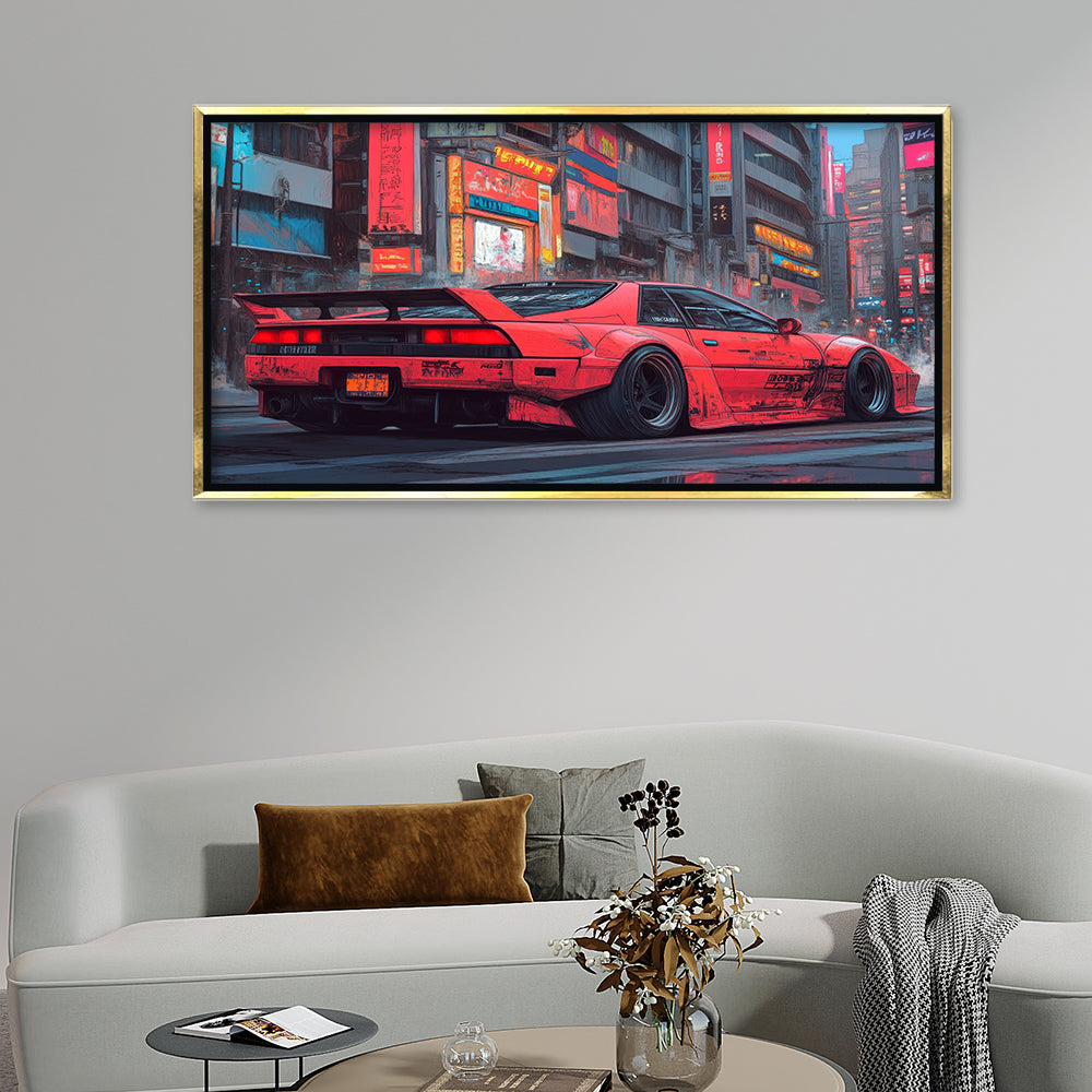 Cyberpunk Red Sports Car premium Canvas Painting