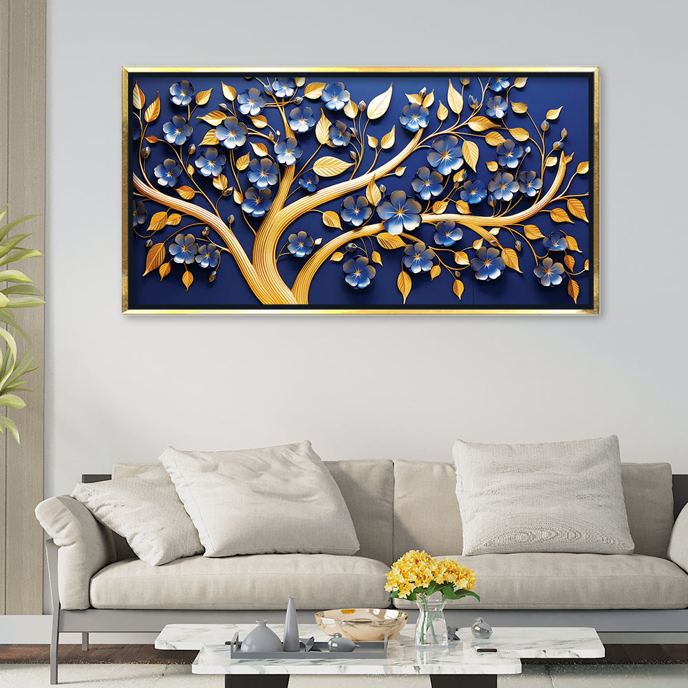 Premium 3D Look Botanical Art | Blue Floral Tree Canvas Premium Painting