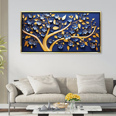 Premium 3D Look Botanical Art | Blue Floral Tree Canvas Premium Painting