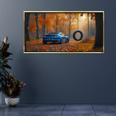 Premium Blue Sports Car Autumn Forest Canvas Painting - Nature & Car Wall Art for Living Room