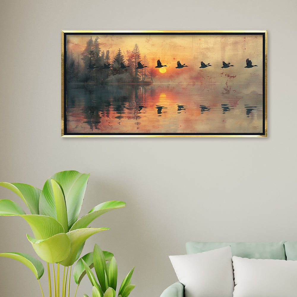 Premium Geese Flying at Sunset Canvas Art | Tranquil Lake Reflection Painting