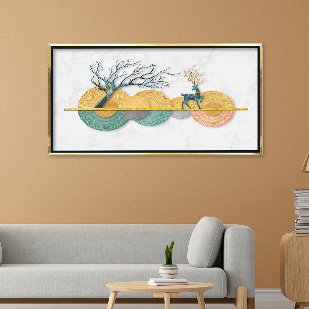 Premium Modern Geometric Deer and Tree Canvas Art | Abstract Textured Discs Gold Marble Background Print