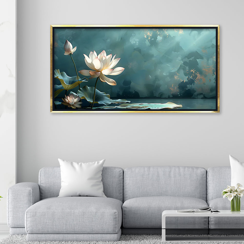 Premium Serene White Lotus Flower Canvas Art | Tranquil Pond Scene Painting