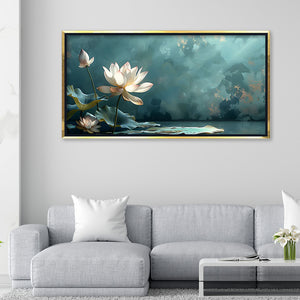 Premium Serene White Lotus Flower Canvas Art | Tranquil Pond Scene Painting