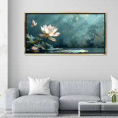 Premium Serene White Lotus Flower Canvas Art | Tranquil Pond Scene Painting
