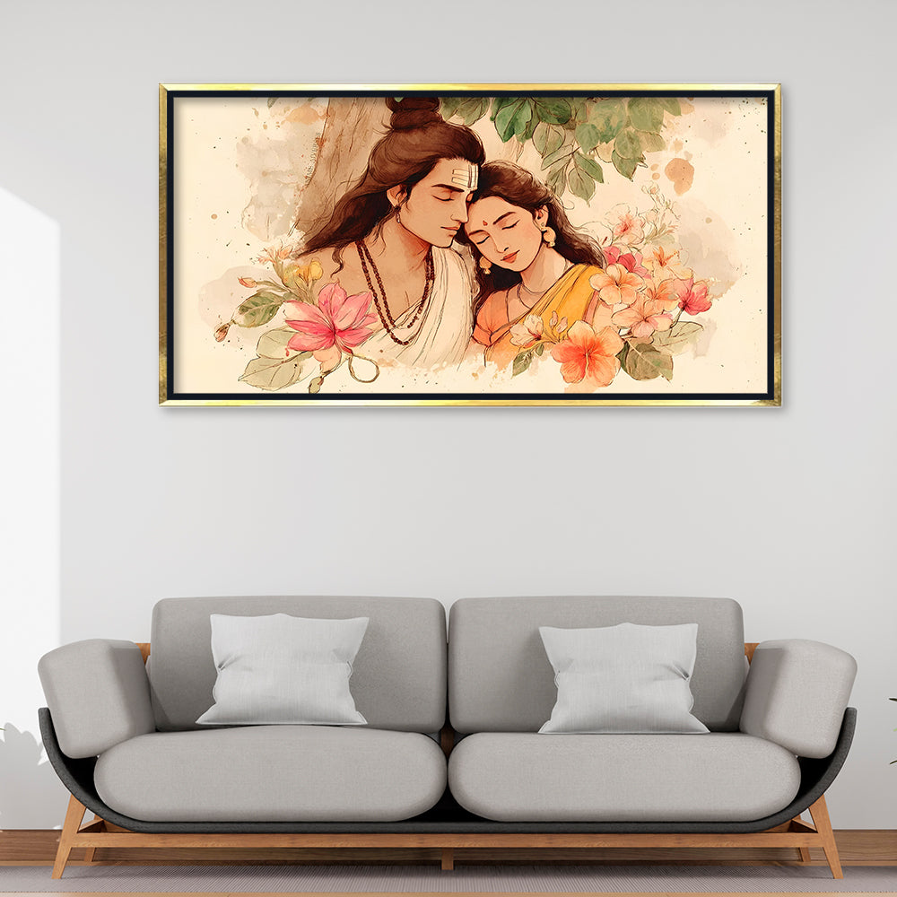 Premium Shiva Parvati Divine Couple Canvas Art | Spiritual Love Portrait Painting