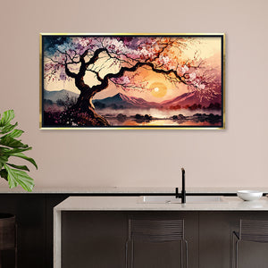 Premium Cherry Blossom Tree Sunset Canvas Art | Tranquil Asian Landscape Painting