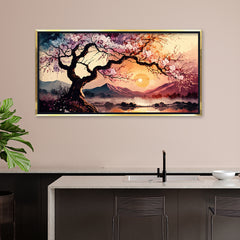 Premium Cherry Blossom Tree Sunset Canvas Art | Tranquil Asian Landscape Painting