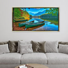 Peaceful Mountain Lake Landscape Wall Painting - Vibrant Teal Canoes & Autumn Forest Scenery