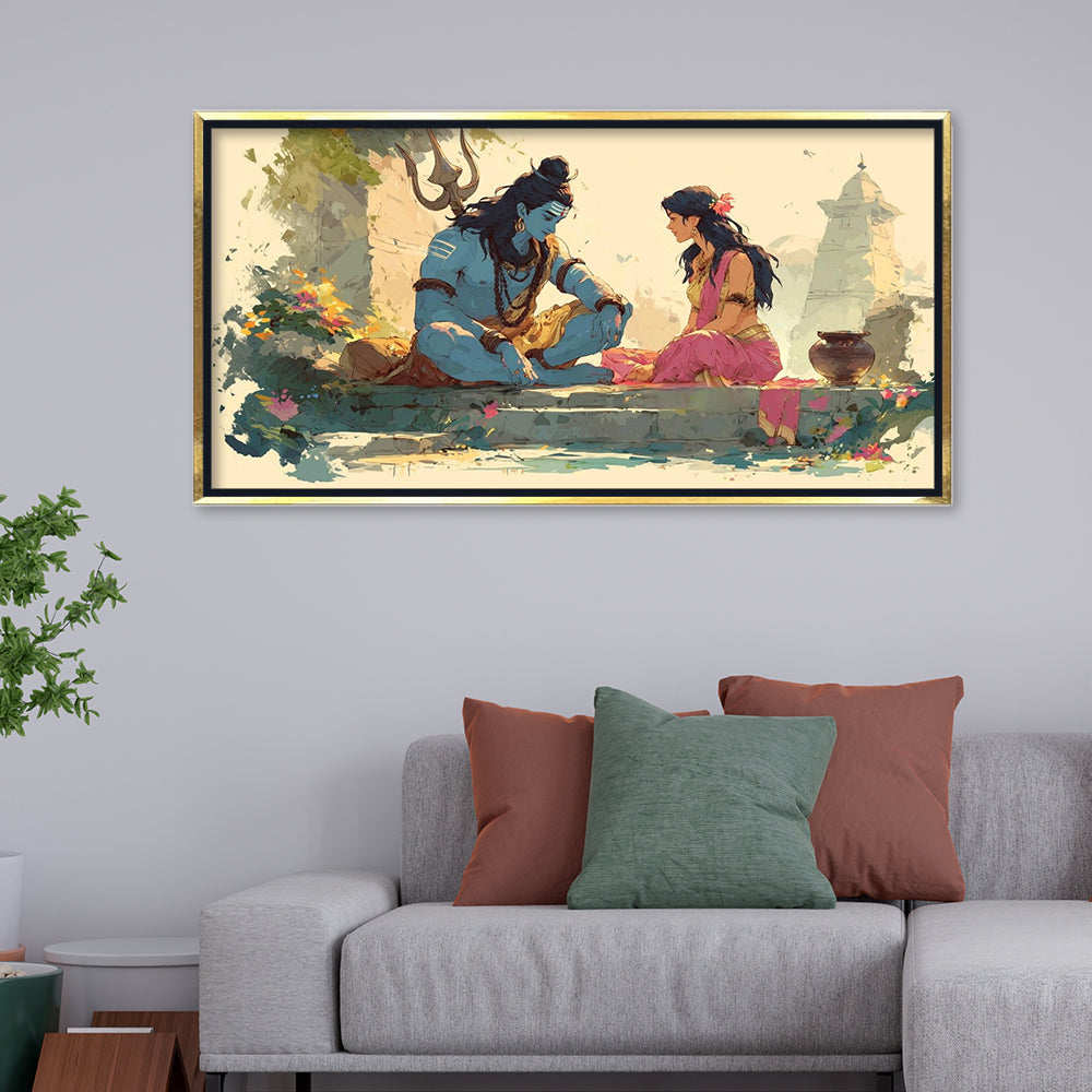 Lord Shiva and Parvati Dialogue Canvas Art | Soft Watercolor Divine Couple Spiritual Print