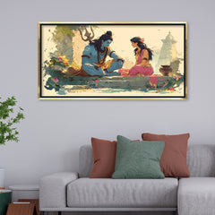 Lord Shiva and Parvati Dialogue Canvas Art | Soft Watercolor Divine Couple Spiritual Print