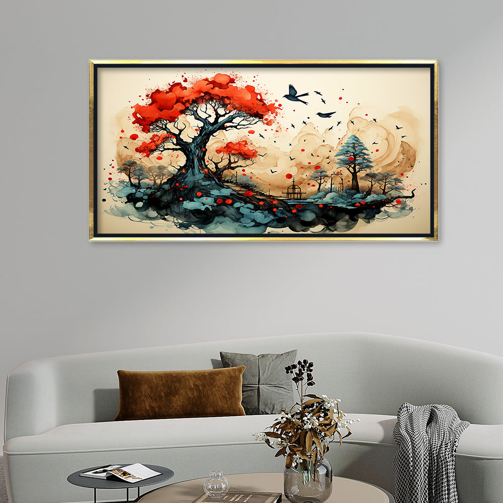Premium Asian Ink Wash Style Art | Vibrant Red Tree and Black Frame Canvas