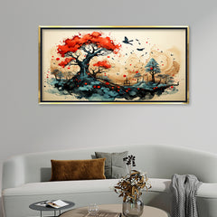 Premium Asian Ink Wash Style Art | Vibrant Red Tree and Black Frame Canvas