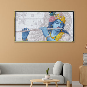 Lord Krishna Flute Player Canvas Art | Detailed Line Art Blue Bansuri Spiritual Print