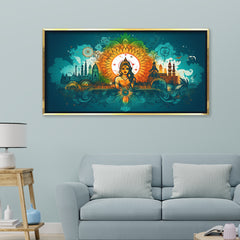 Premium Ornate Indian Goddess and Mandala Skyline Canvas | Vibrant Teal and Orange Cultural Art Print
