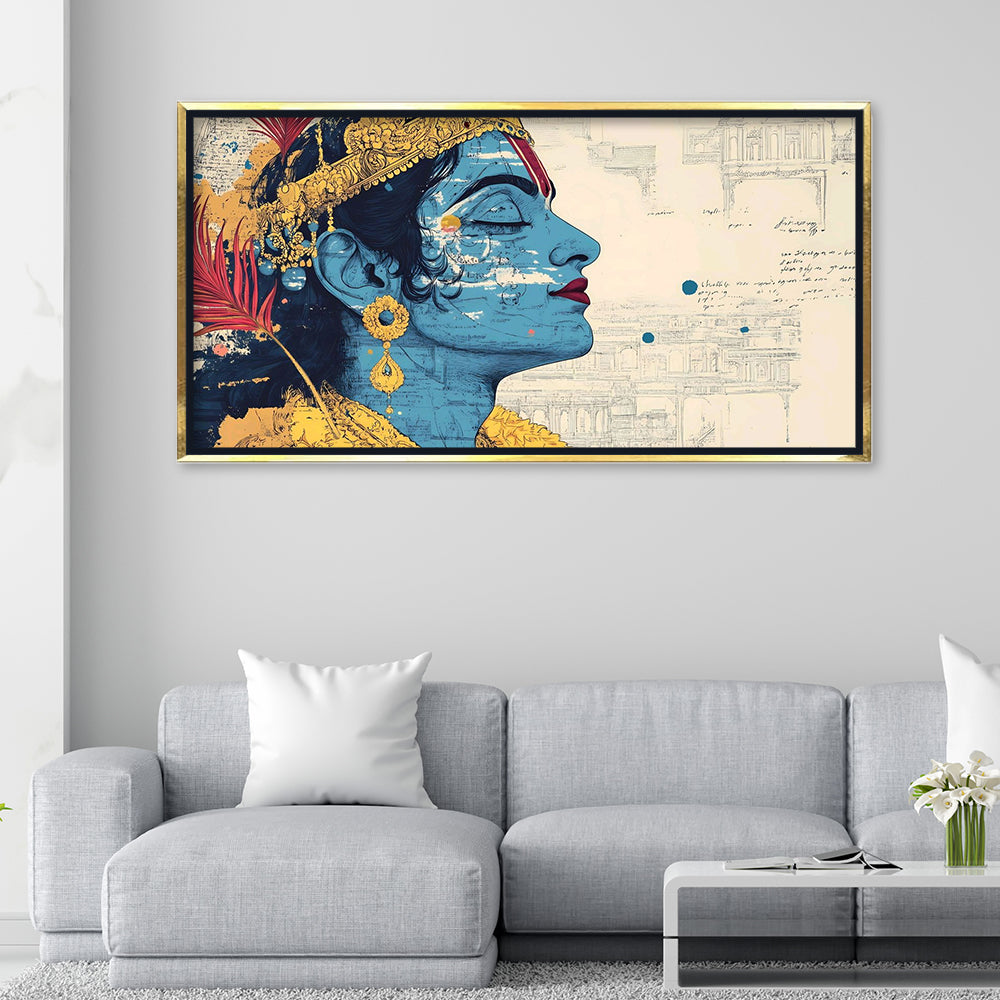 Lord Krishna Profile Portrait Canvas Art | Modern Ornate Hindu Deity Spiritual Print