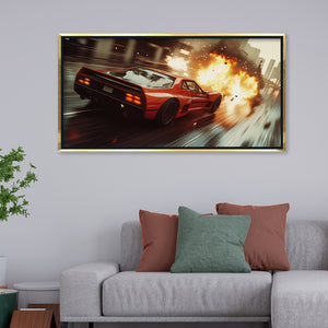 Cinematic Red Sports Car Racing Canvas Painting - Action Wall Art for Home and Office Décor