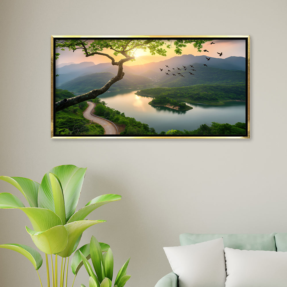 Golden Hour Mountain Lake premium Canvas Painting