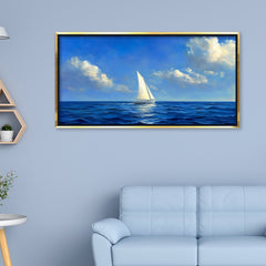 Premium Oil Painting Style Seascape Canvas: Sailboat on Blue Ocean