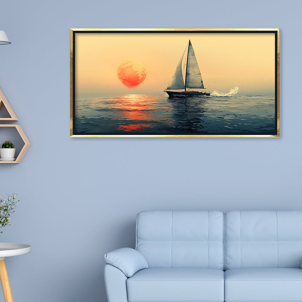 Premium Minimalist Seascape Canvas Art: Sailboat with Red Sun