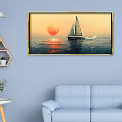 Premium Minimalist Seascape Canvas Art: Sailboat with Red Sun