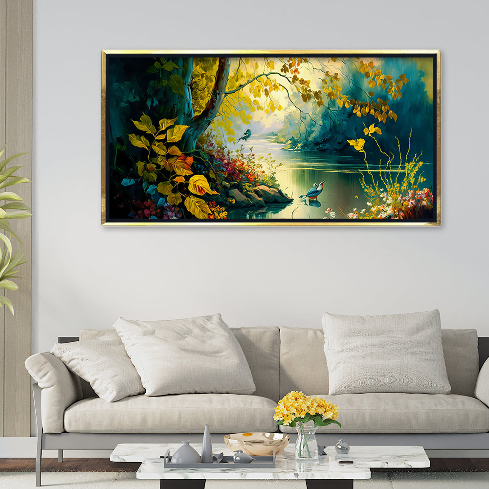 Premium Enchanted Forest Stream Canvas Art | Vibrant Yellow and Gold Landscape Painting
