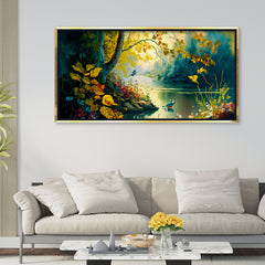 Premium Enchanted Forest Stream Canvas Art | Vibrant Yellow and Gold Landscape Painting