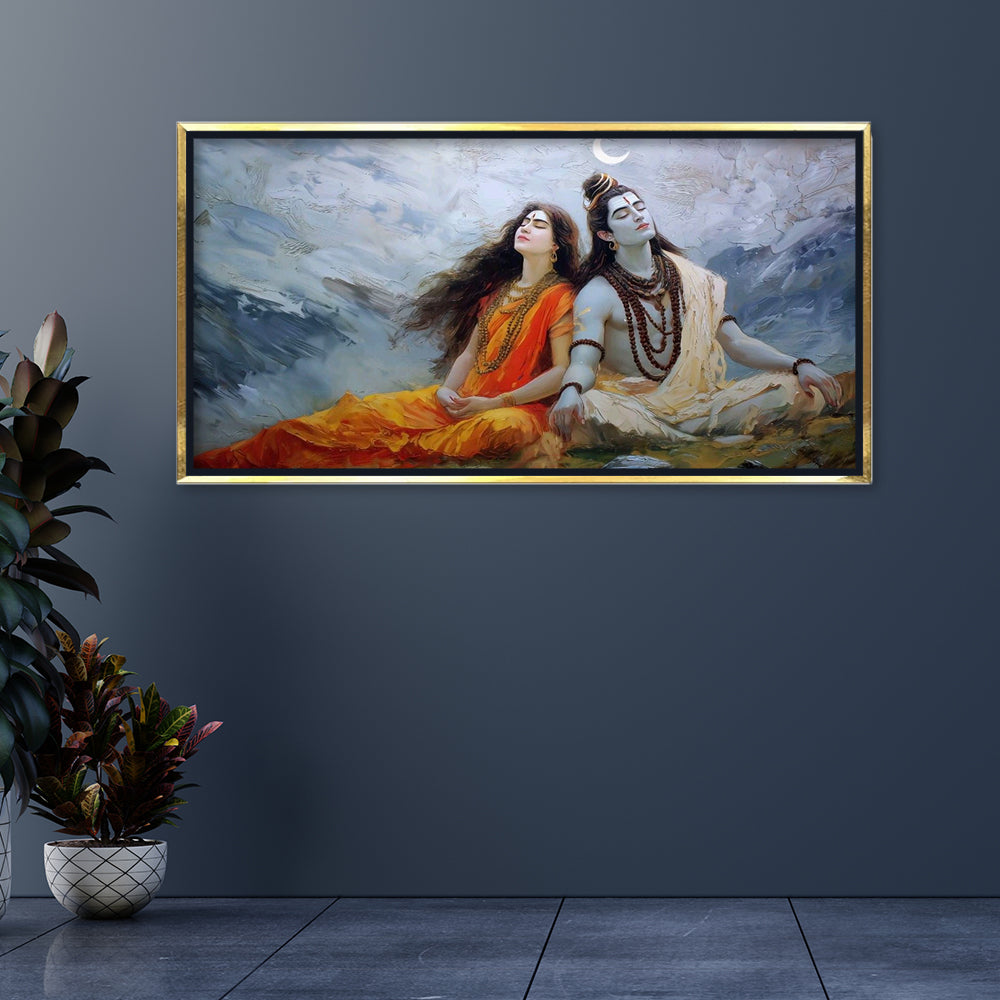 Shiv Parvati Meditation Canvas Art | Himalayan Mountain Traditional Hindu Painting Print