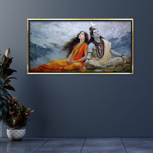 Shiv Parvati Meditation Canvas Art | Himalayan Mountain Traditional Hindu Painting Print