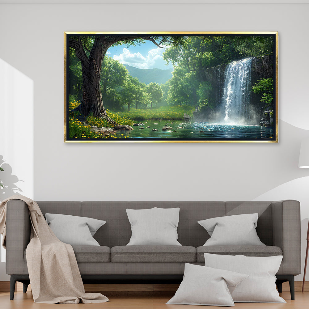 Premium Waterfall Landscape Canvas Art | Peaceful Forest Stream Painting
