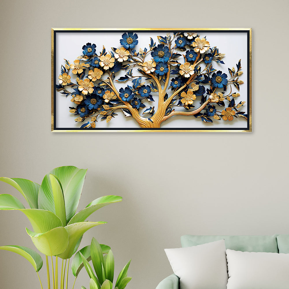 Premium Golden and Blue Floral Tree Canvas Painting - 3D Style Wall Art  for Living Room