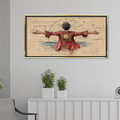 Straw Hat Pirate Epic Pose Wall Art | Vintage Chart Nautical Anime Illustration| Pirate Figure on Compass Chart Background