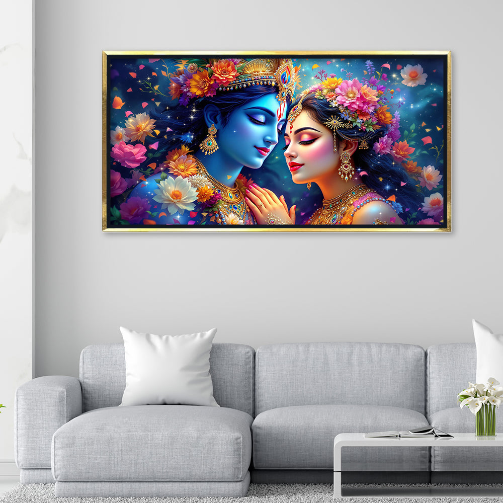 Celestial Radha Krishna: Cosmic Love & Floral Galaxy Art – Modern Spiritual Wall Decor