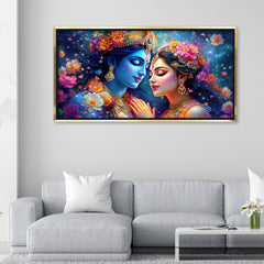 Celestial Radha Krishna: Cosmic Love & Floral Galaxy Art – Modern Spiritual Wall Decor