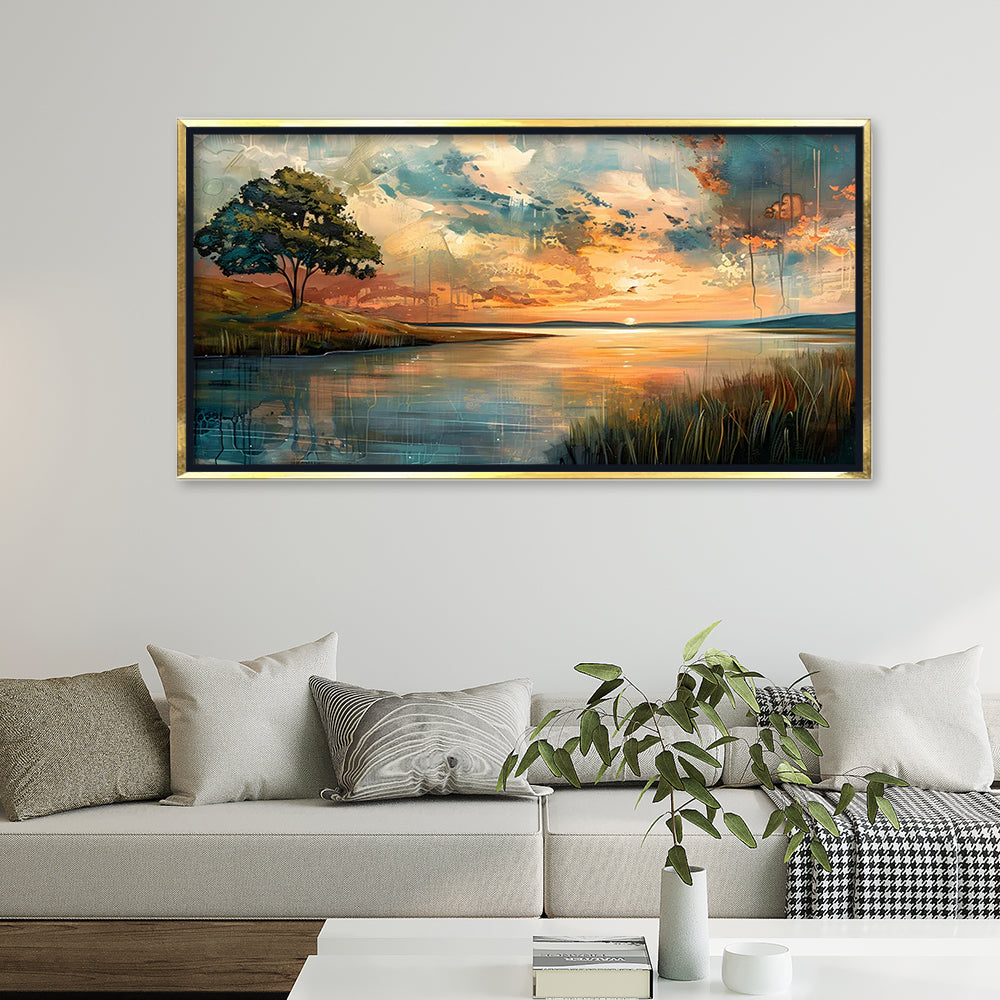 Premium Abstract Sunset Lake Canvas Art | Moody Lone Tree Landscape Painting