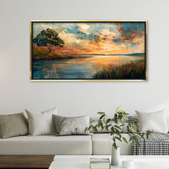 Premium Abstract Sunset Lake Canvas Art | Moody Lone Tree Landscape Painting