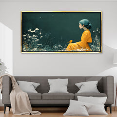 Premium Ethereal Girl and Bird Canvas Art | Dark Green Floral Portrait Painting