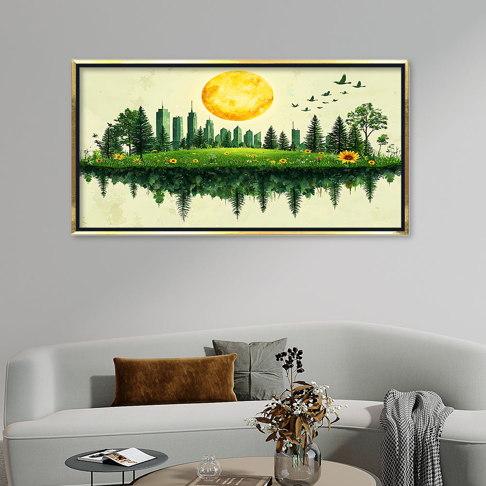 Premium Green Cityscape Reflection Canvas Art | Nature and Urban Blend Painting