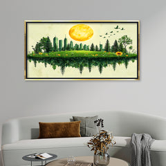 Premium Green Cityscape Reflection Canvas Art | Nature and Urban Blend Painting