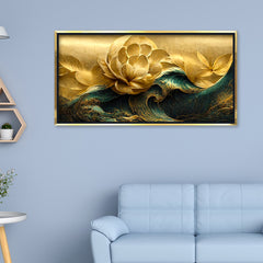 Premium Modern Golden Flower and Waves Canvas Wall Painting for Wall Decors