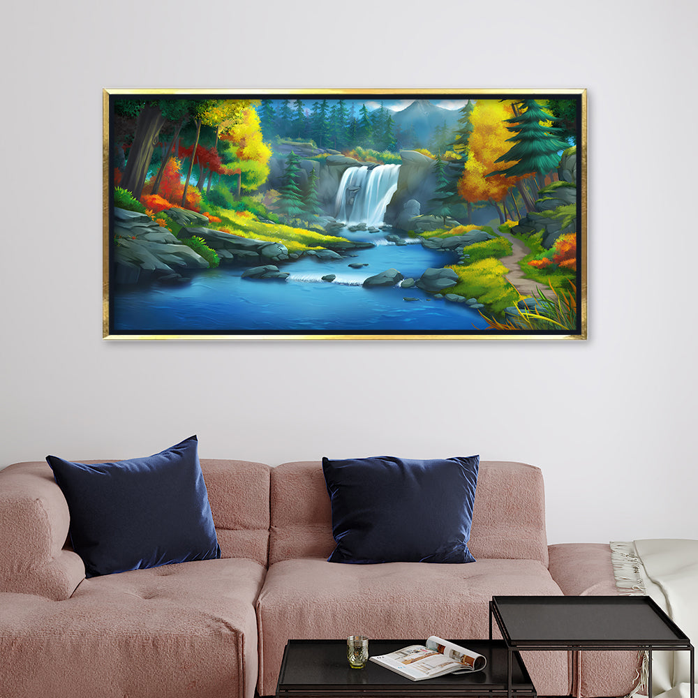 Serene Mountain Waterfall: Enchanted Forest Landscape – Premium Canvas Wall Art