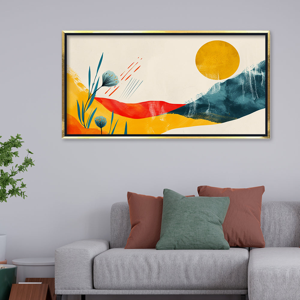 Premium Mid-Century Modern Abstract Art | Minimalist Sun and Mountain Canvas