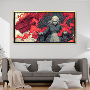 Dragon Queen on Iron Throne Fantasy Canvas Art | Dramatic Red Dragon Fire Pop Culture Print