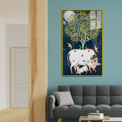 Kamdhenu Cow and Calf Acrylic Glass Painting