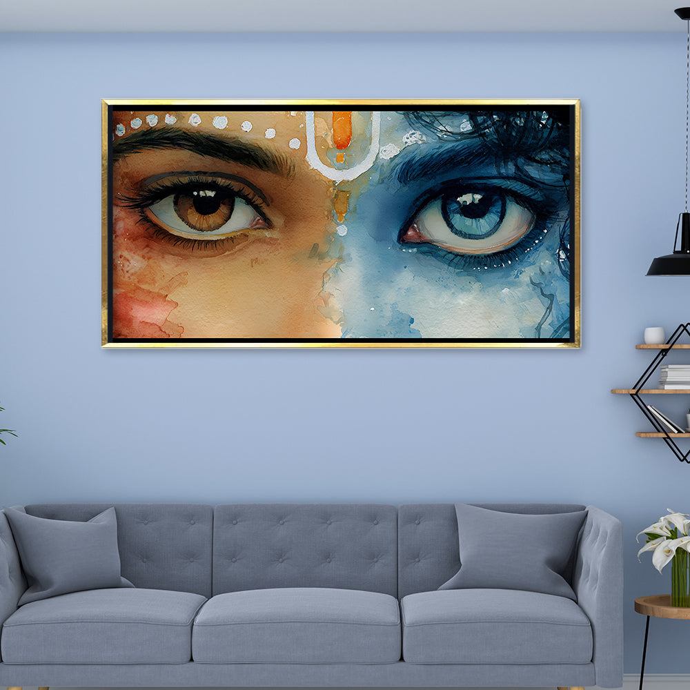 Premium Radha Krishna Eyes Canvas Art | Divine Vision Spiritual Painting