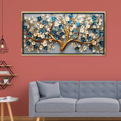 Premium Golden Floral Tree Canvas Painting -3D-Style Blossoms Wall Art for Living Room Décor