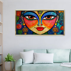 Premium Vibrant Goddess Face Wall Art | Abstract Folk Portrait Canvas Print