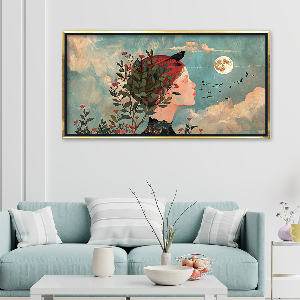 Premium Dreamy Woman Portrait Canvas Art | Full Moon and Birds Wall Decor