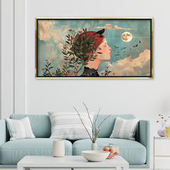 Premium Dreamy Woman Portrait Canvas Art | Full Moon and Birds Wall Decor